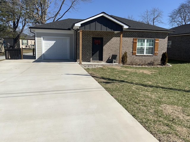 ranch-style house with a garage, concrete driveway, board and batten siding, and brick siding