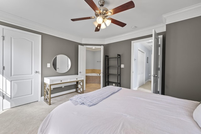 bedroom with baseboards, light colored carpet, ceiling fan, ensuite bathroom, and crown molding