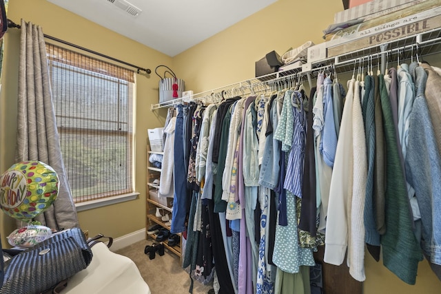 walk in closet with visible vents and carpet flooring