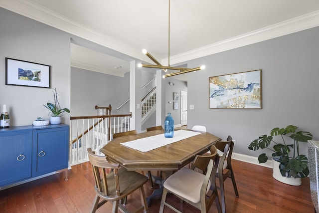 dining room with ornamental molding, stairway, dark wood finished floors, and baseboards