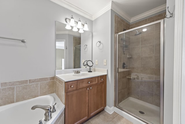 full bath with vanity, a shower stall, a bath, tile patterned floors, and crown molding