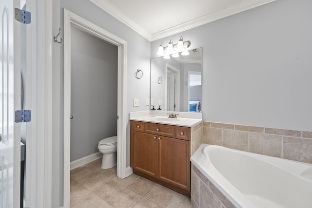 bathroom with toilet, tile patterned floors, a garden tub, crown molding, and vanity