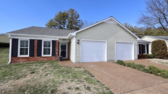 ranch-style home with brick siding, roof with shingles, concrete driveway, a garage, and a front lawn