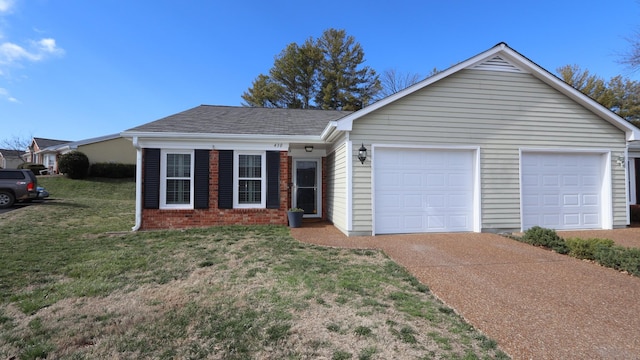 ranch-style home with a garage, brick siding, concrete driveway, roof with shingles, and a front lawn