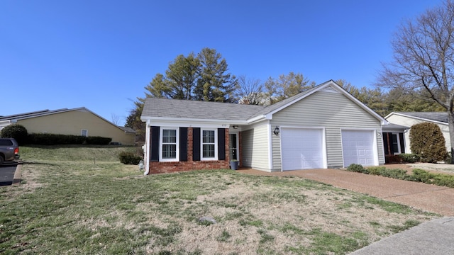 ranch-style house with a garage, driveway, brick siding, and a front lawn