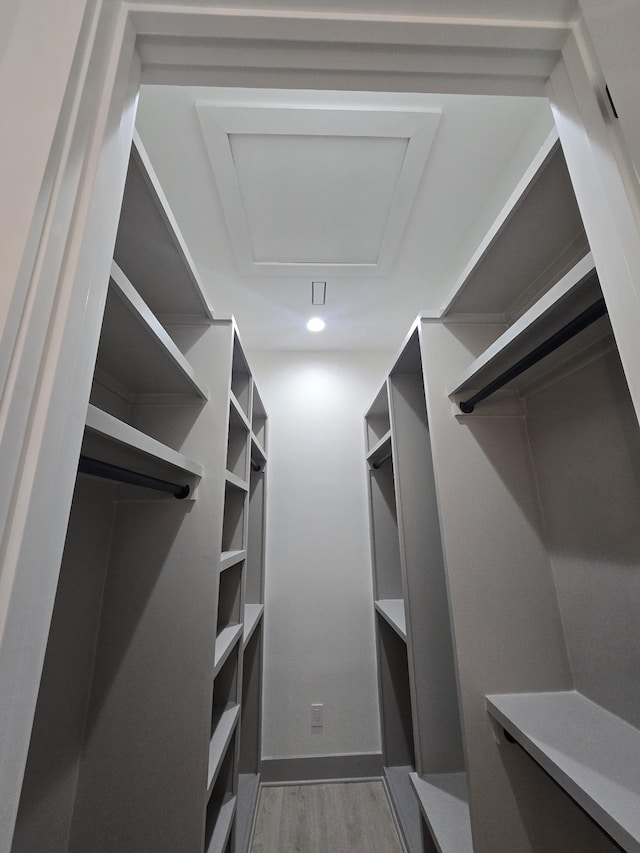 walk in closet with light wood-style floors