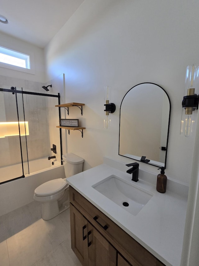 full bath with toilet, vanity, and bathing tub / shower combination