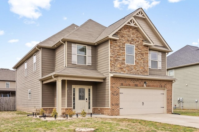 craftsman inspired home with a garage, driveway, brick siding, and stone siding