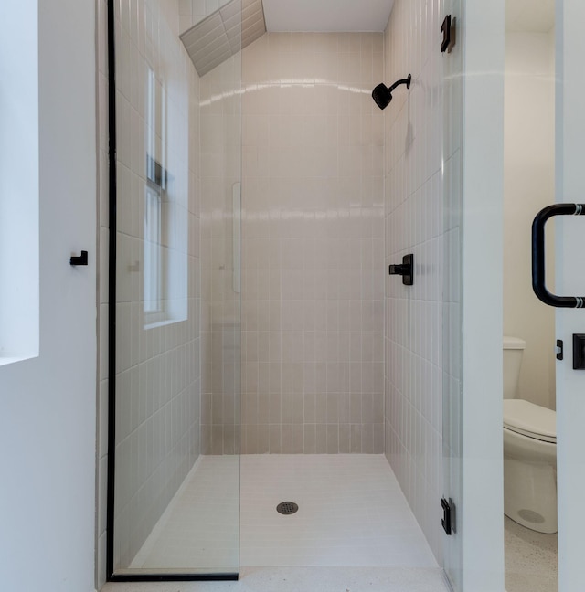 full bathroom featuring a stall shower and toilet