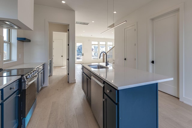 kitchen with appliances with stainless steel finishes, light countertops, a sink, and an island with sink