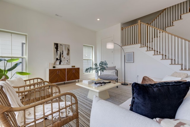 406 Morningside Mnr, Nashville, TN 37209 - living area featuring stairway, wood finished floors, and recessed lighting