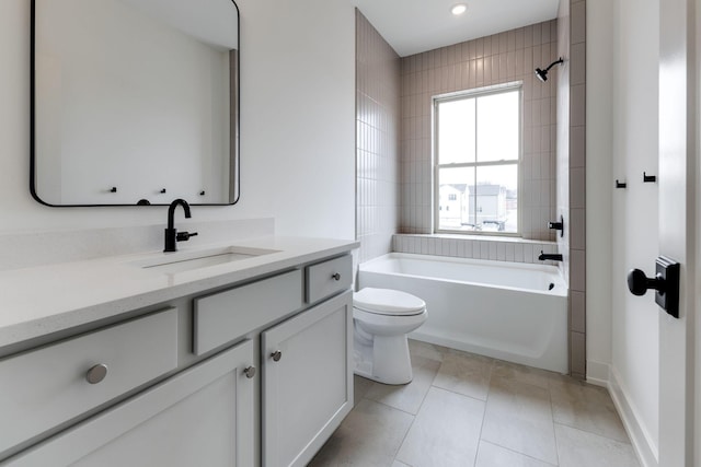 full bathroom with shower / tub combination, vanity, toilet, and tile patterned floors