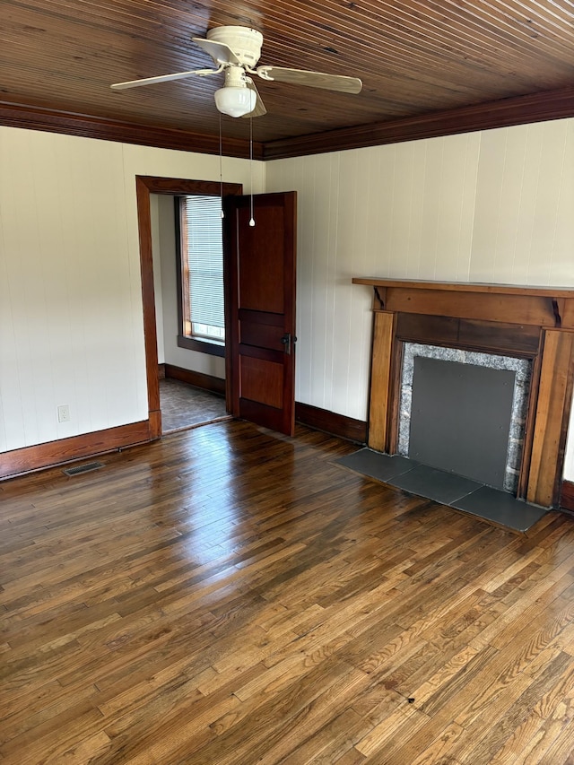 unfurnished living room with dark wood-style floors, visible vents, a premium fireplace, a ceiling fan, and wood ceiling