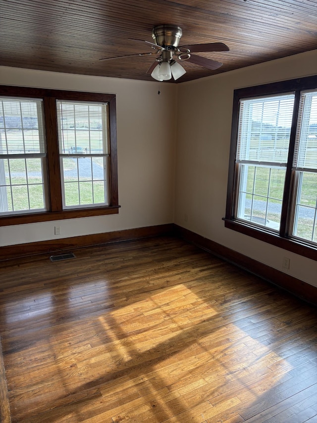 spare room featuring visible vents, wood ceiling, ceiling fan, wood finished floors, and baseboards