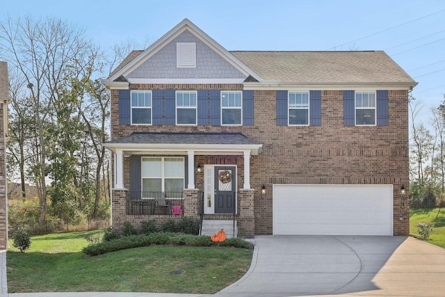 craftsman house featuring a garage, covered porch, brick siding, concrete driveway, and a front yard