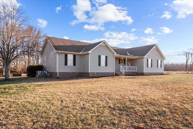 view of front of house with covered porch, a front lawn, crawl space, and central AC unit