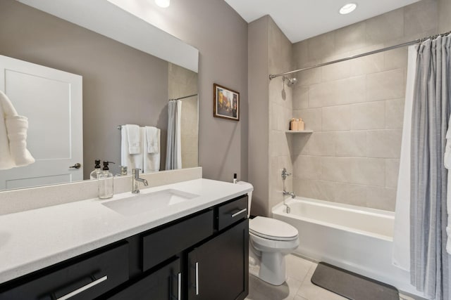 full bathroom with shower / bath combination with curtain, vanity, toilet, and tile patterned floors