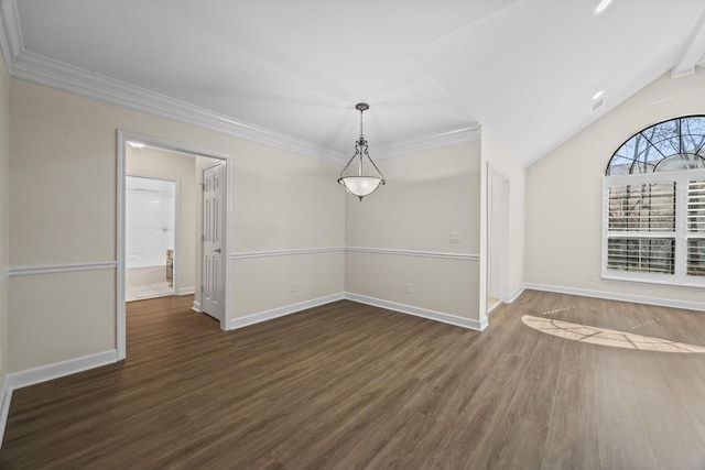 unfurnished dining area featuring lofted ceiling, dark wood-style floors, baseboards, and crown molding