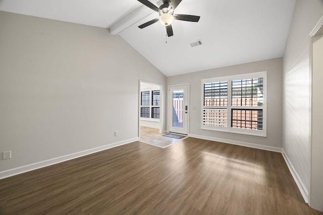 unfurnished room with lofted ceiling with beams, dark wood finished floors, visible vents, and baseboards