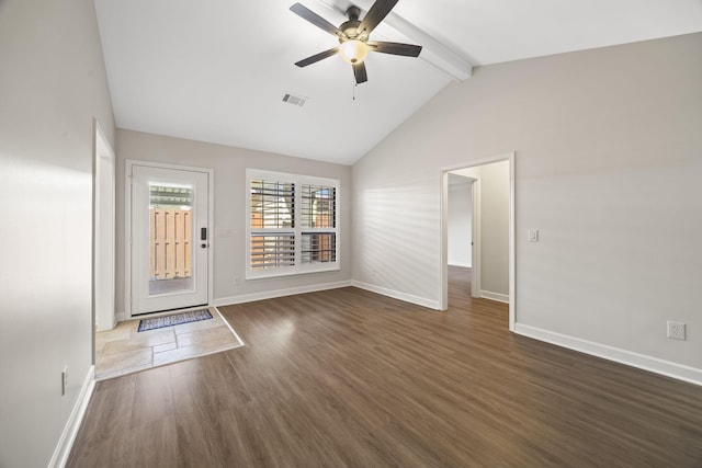 entrance foyer with visible vents, lofted ceiling with beams, a ceiling fan, wood finished floors, and baseboards