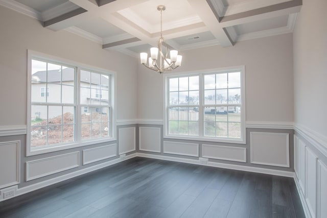 unfurnished dining area with visible vents, beamed ceiling, dark wood finished floors, and a wealth of natural light