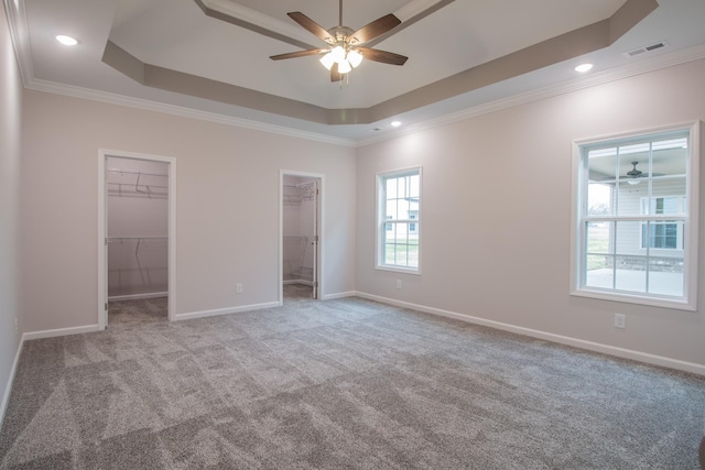 unfurnished bedroom featuring ornamental molding, a raised ceiling, a spacious closet, and baseboards