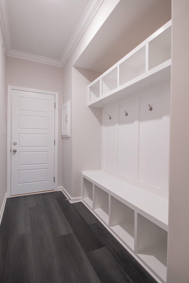 mudroom with baseboards, dark wood-style flooring, and crown molding