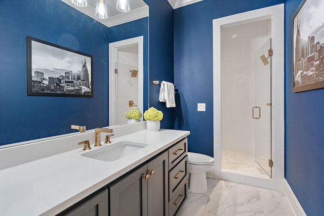 full bathroom featuring baseboards, marble finish floor, crown molding, vanity, and a shower stall