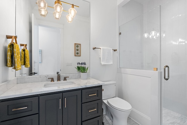 bathroom with toilet, a stall shower, ornamental molding, and vanity