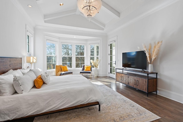 bedroom with vaulted ceiling with beams, multiple windows, baseboards, and dark wood-type flooring