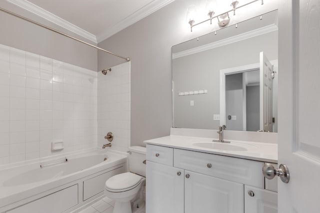 bathroom featuring toilet, vanity, ornamental molding, and shower / bathtub combination