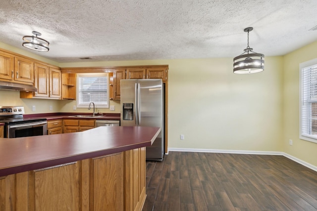 kitchen featuring dark wood-style floors, pendant lighting, appliances with stainless steel finishes, a sink, and under cabinet range hood