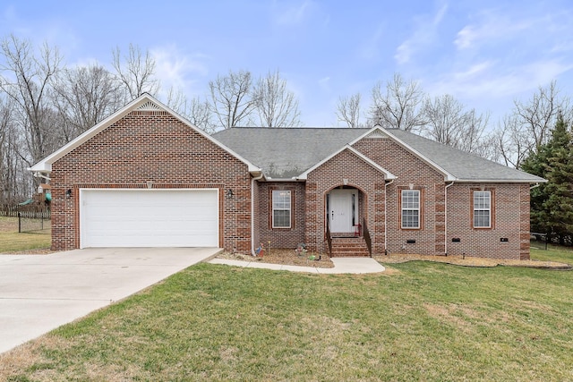 ranch-style home with a garage, concrete driveway, a front lawn, and brick siding