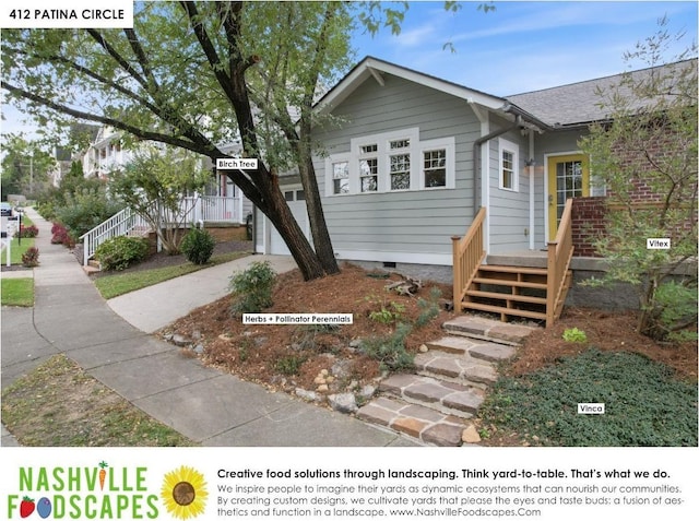 view of front facade with crawl space and concrete driveway