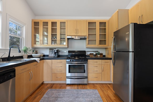 kitchen with stainless steel appliances, dark countertops, light brown cabinets, and glass insert cabinets