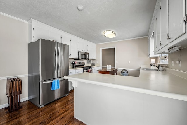 kitchen featuring a peninsula, a sink, stainless steel appliances, and light countertops