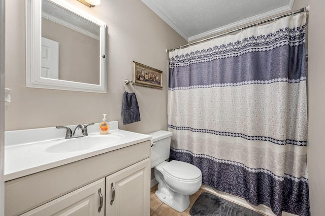 bathroom featuring toilet, a shower with curtain, ornamental molding, tile patterned flooring, and vanity