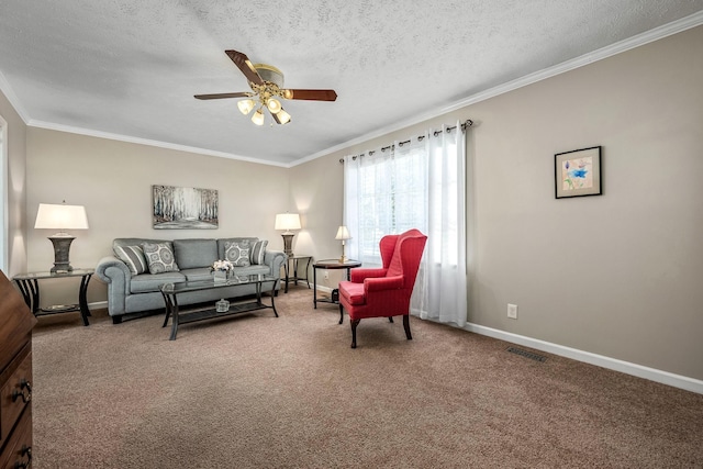 carpeted living area with visible vents, crown molding, a textured ceiling, and baseboards