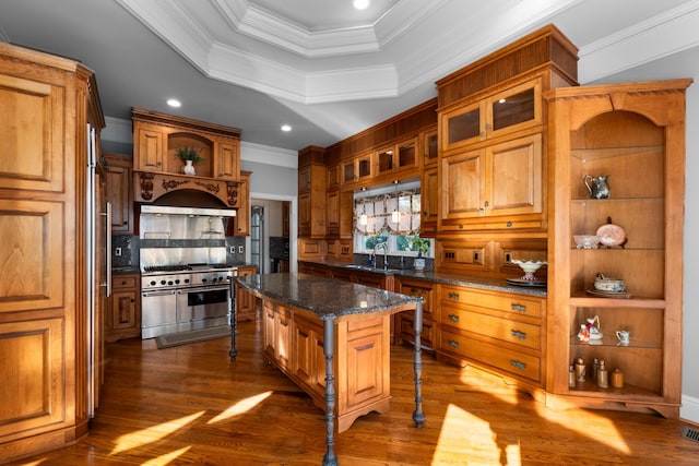 kitchen with range with two ovens, a tray ceiling, glass insert cabinets, a kitchen island, and dark stone counters