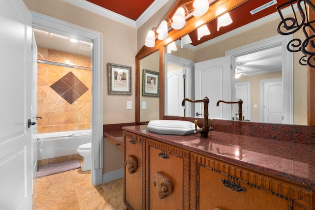 full bathroom featuring toilet, vanity, ornamental molding, walk in shower, and a bathtub