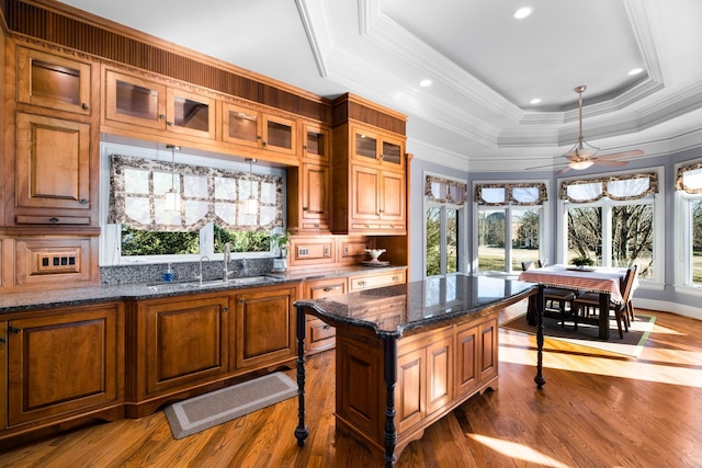 kitchen with brown cabinets, glass insert cabinets, a raised ceiling, and a sink