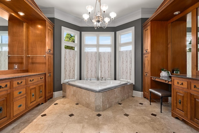 bathroom with baseboards, a garden tub, and crown molding