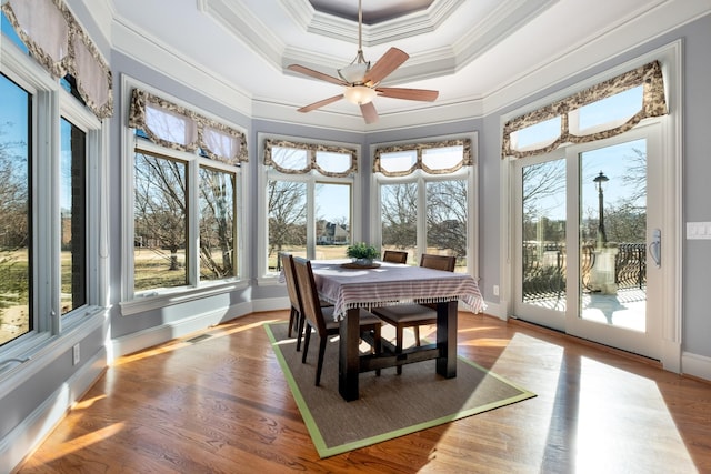 sunroom / solarium featuring a healthy amount of sunlight and a tray ceiling