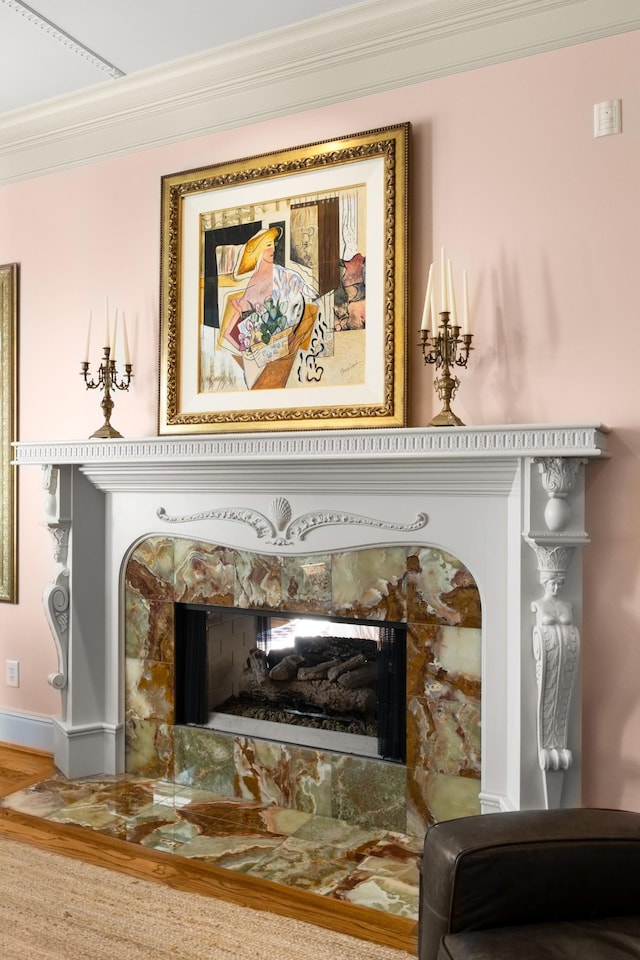 room details with ornamental molding, a fireplace with flush hearth, and baseboards