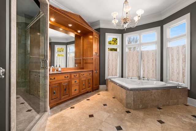 full bathroom featuring a wealth of natural light, a stall shower, vanity, and crown molding