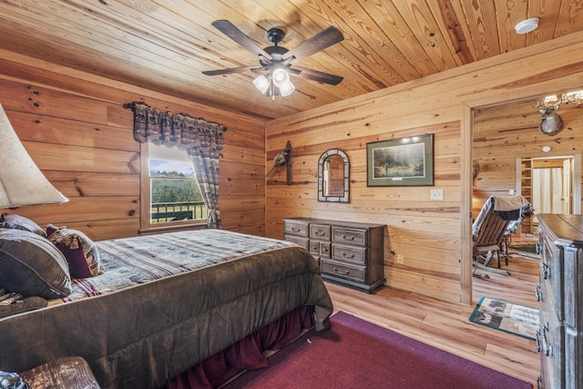 bedroom featuring wooden ceiling, ceiling fan, wooden walls, and light wood finished floors