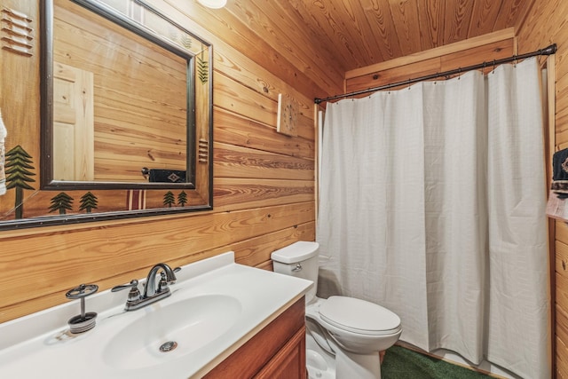 bathroom with toilet, wood walls, wood ceiling, and vanity