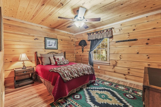 bedroom with wood ceiling, wooden walls, and wood finished floors