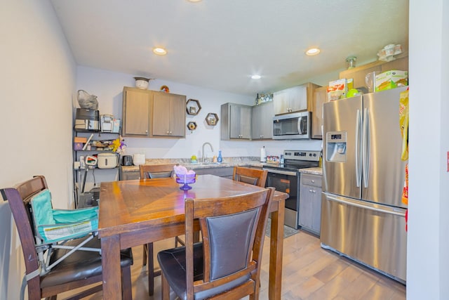 kitchen with gray cabinetry, stainless steel appliances, a sink, light countertops, and light wood-type flooring