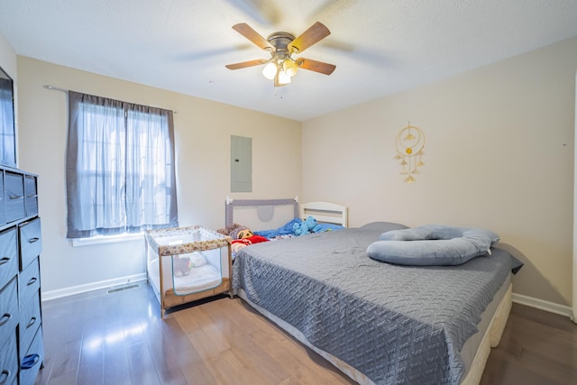 bedroom featuring dark wood-style floors, ceiling fan, electric panel, and baseboards